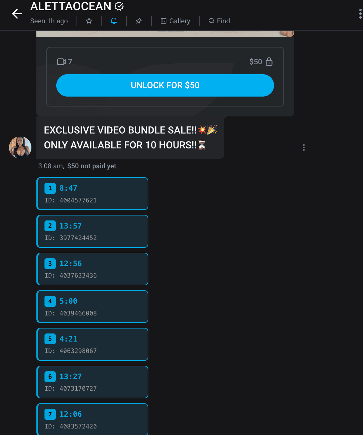 Extension showing multiple video timestamps below unlock button on OnlyFans